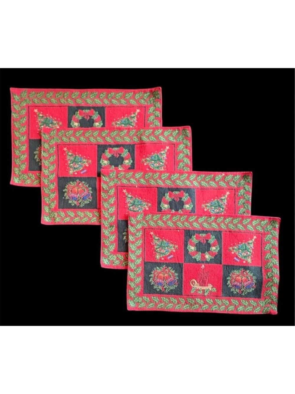 Vintage Christmas Tapestry Placemats Holiday Theme Set Of Four Red Black Green